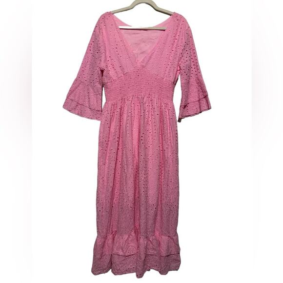 Long Modest Bubble Gum‎ Pink Eyelet Lace Dress Long Modest Midi Maxi Length M - Picture 1 of 3